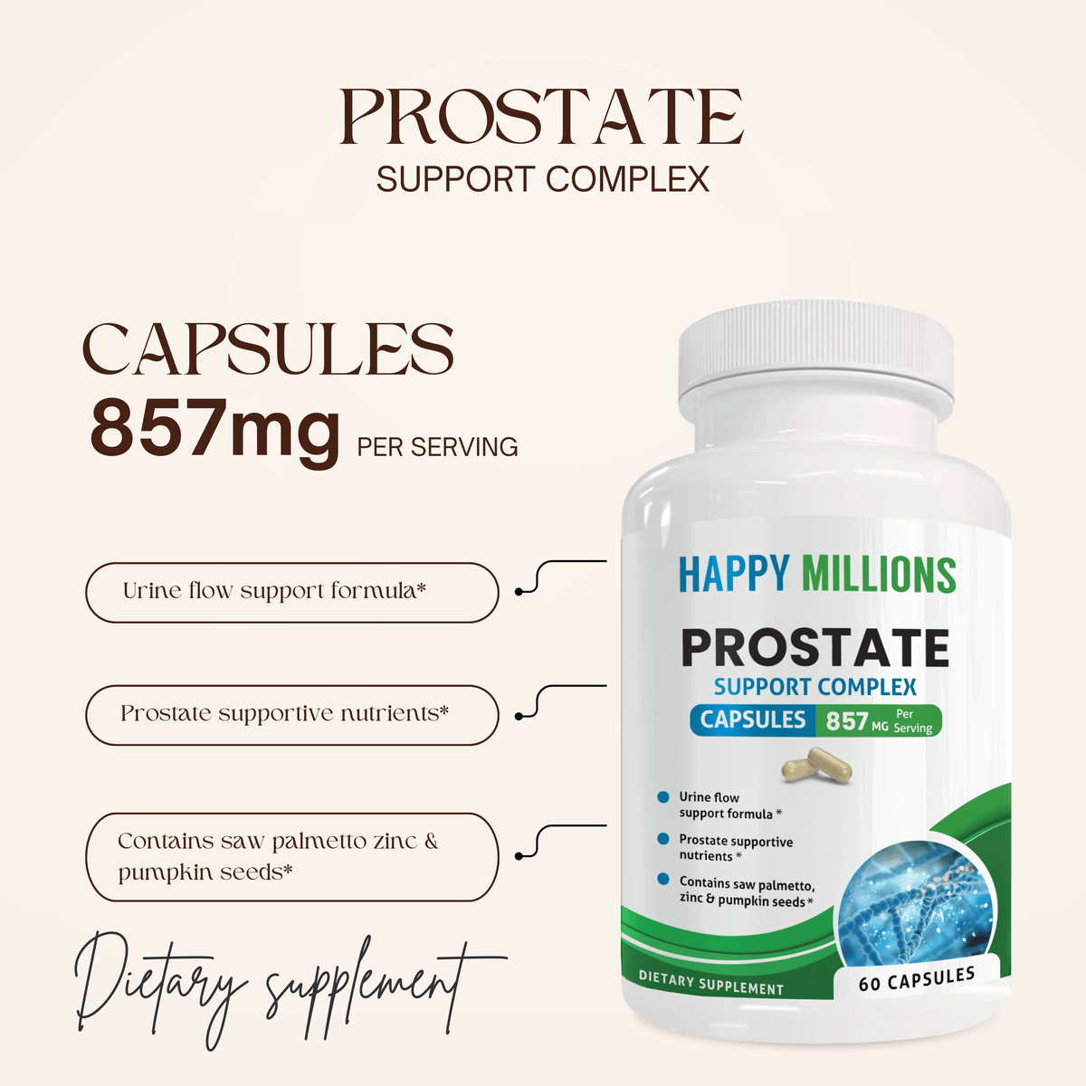 Prostate support supplement bottle displaying urine flow support formula, 857mg per serving, and dietary supplement details.