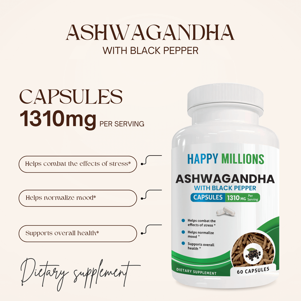 Ashwagandha black pepper liver support supplement bottle with 1310mg capsules for stress and health benefits.