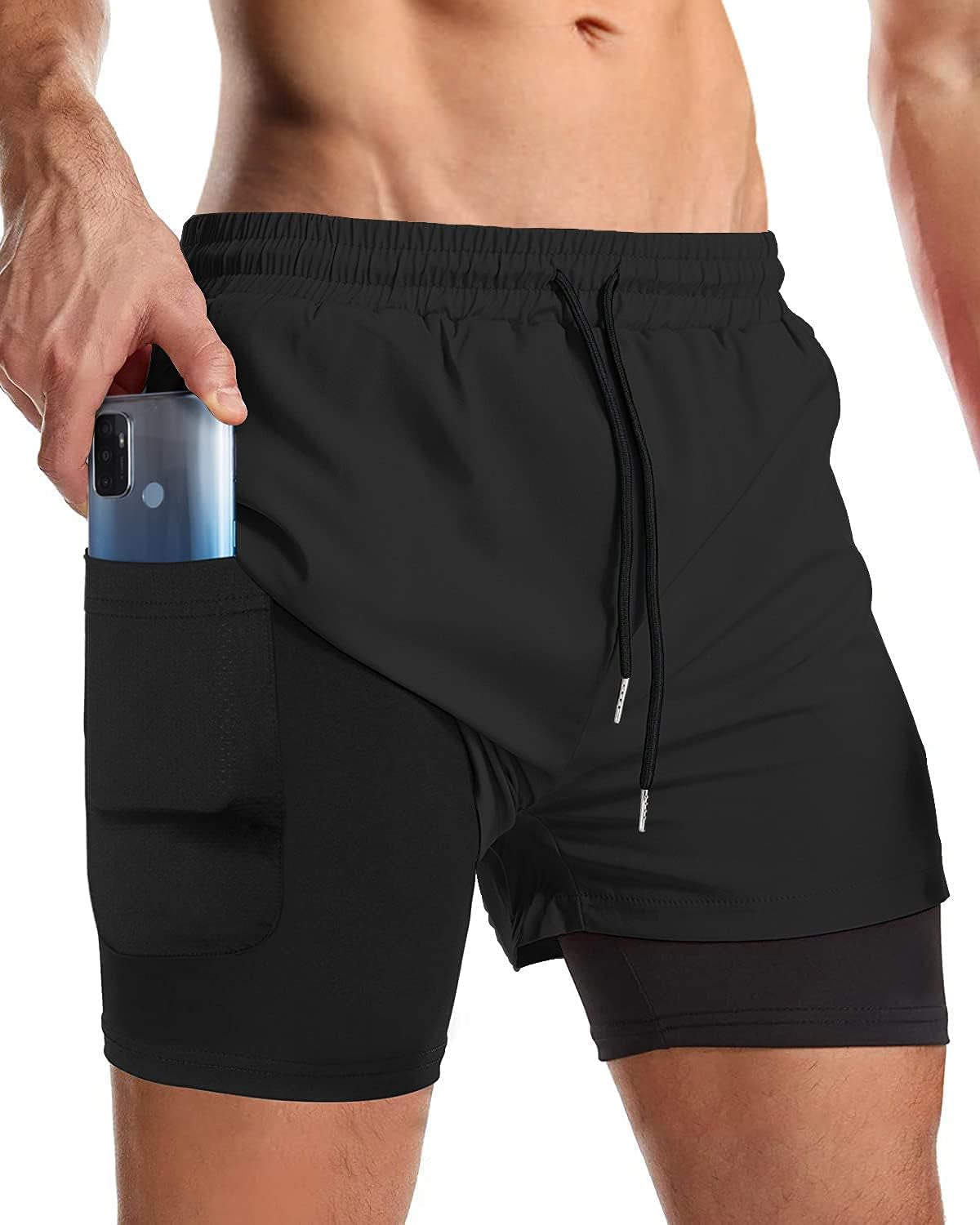 We1Fit men's 2-in-1 running shorts in black with quick-dry fabric, phone pockets, designed for athletic gym workouts.