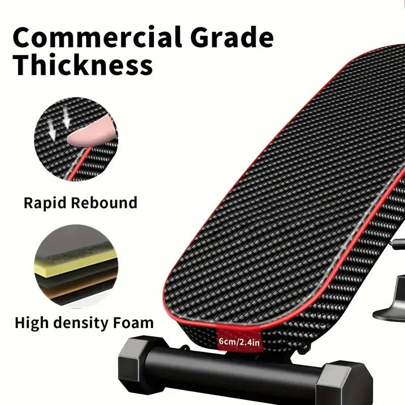 Adjustable weight bench for full body exercise highlighting commercial grade thickness, rapid rebound, and high density foam.