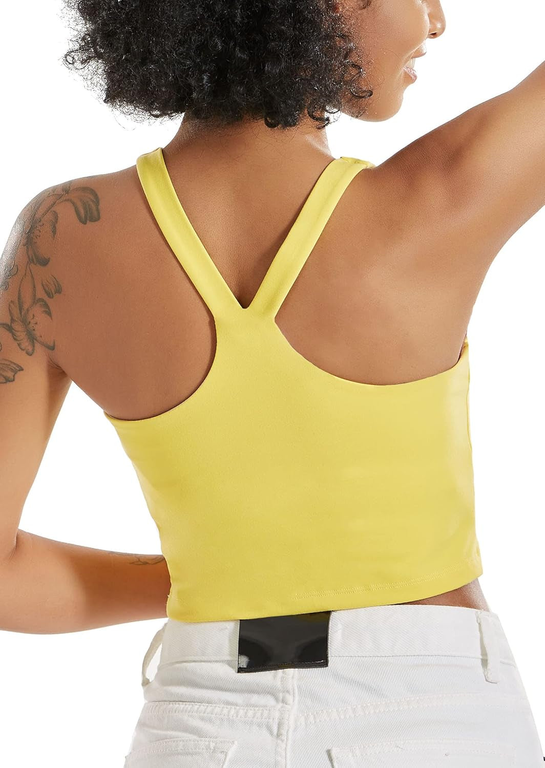 Yellow RUNNING GIRL longline sports bra for women, wirefree and padded crop tank top ideal for running, yoga, and workouts.