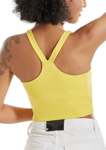Yellow RUNNING GIRL longline sports bra for women, wirefree and padded crop tank top ideal for running, yoga, and workouts.