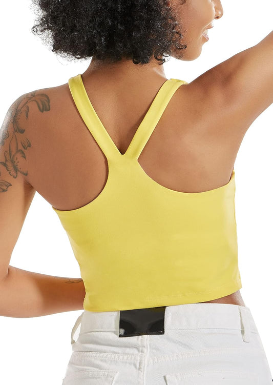 Yellow RUNNING GIRL longline sports bra for women, wirefree and padded crop tank top ideal for running, yoga, and workouts.