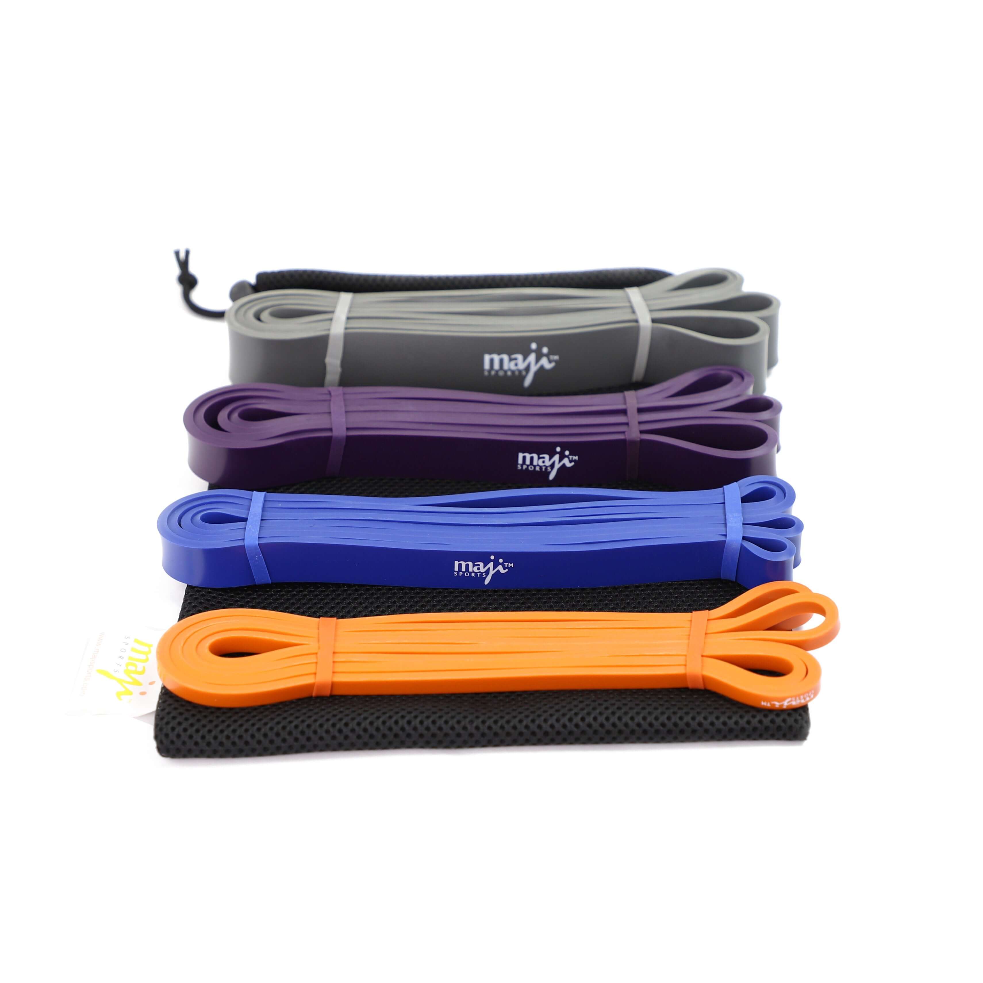 Maji Sports Pack of Four Full Body Workout Resistance Bands in different colors for versatile exercise options.