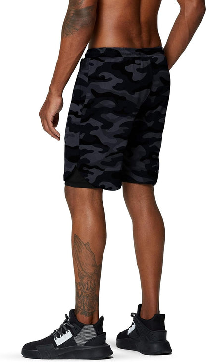 Pinkbomb men's 2-in-1 running shorts with quick-dry fabric and phone pocket, designed for gym workouts and active wear.