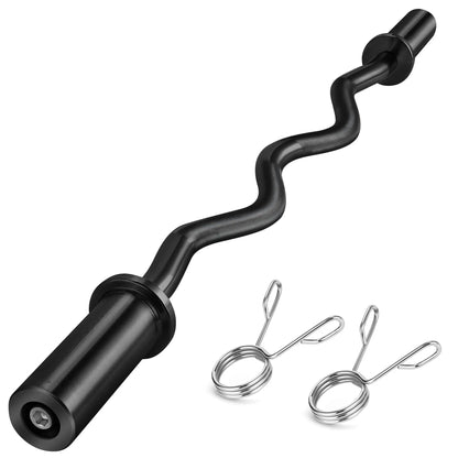 Fitness Essentials 47-inch Olympic EZ Curl Barbell with 380 lbs max load, wrist-friendly design for arm workouts.