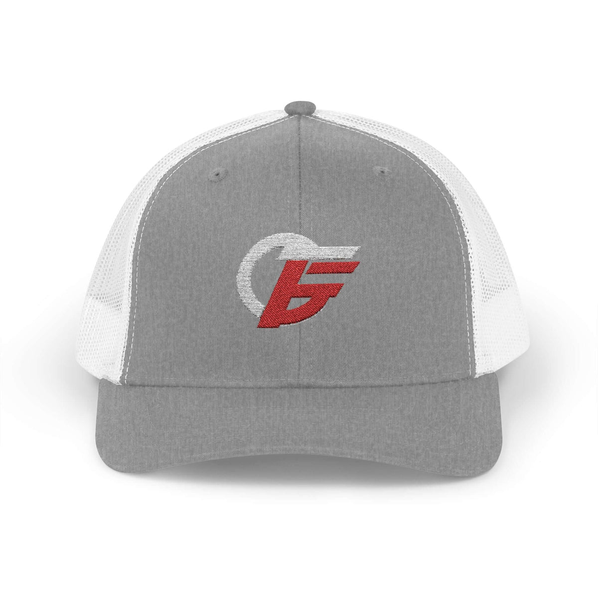 Emblem Trucker Cap featuring distressed red and white logo, perfect for workouts and daily use, in heather grey and white.