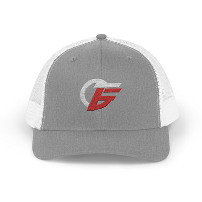 Distressed red and white logo snapback hat with emblem design, casual trucker cap by Printify featuring adjustable snapback closure.