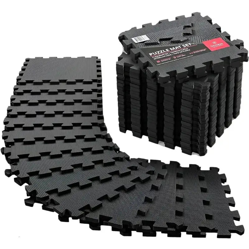 Puzzle exercise mat with EVA interlocking floor tiles, ideal for home workouts and gym use, featuring 16 pcs in black.