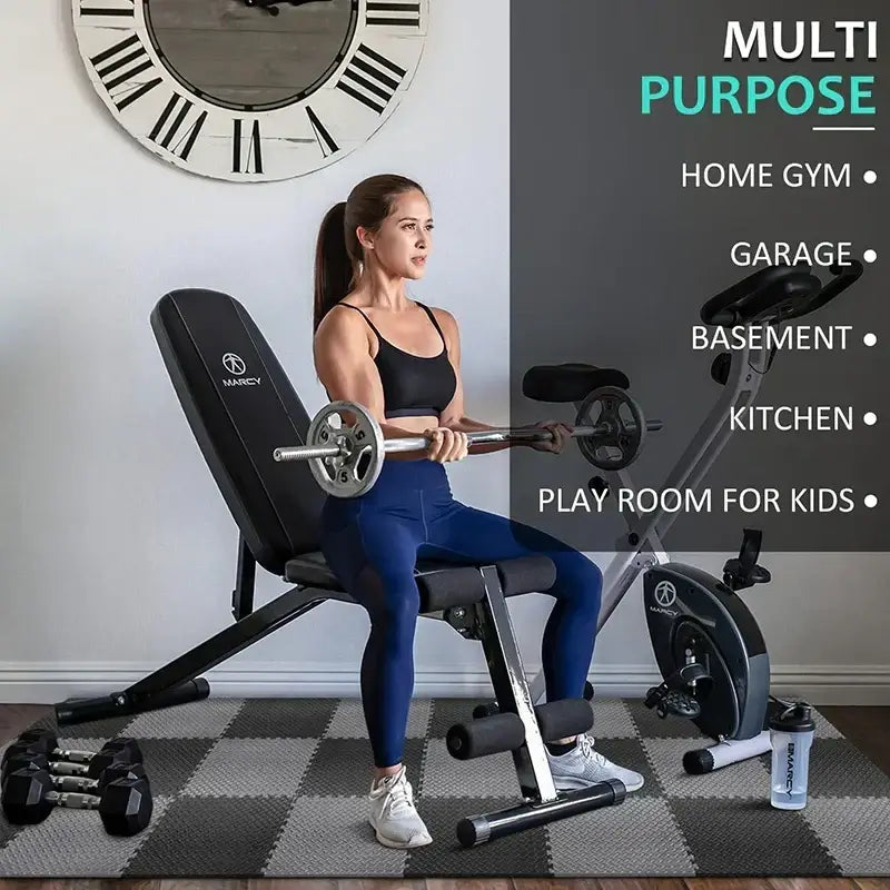 A woman using a multi-purpose home gym setup with weights in various spaces like garage, basement, and playroom.