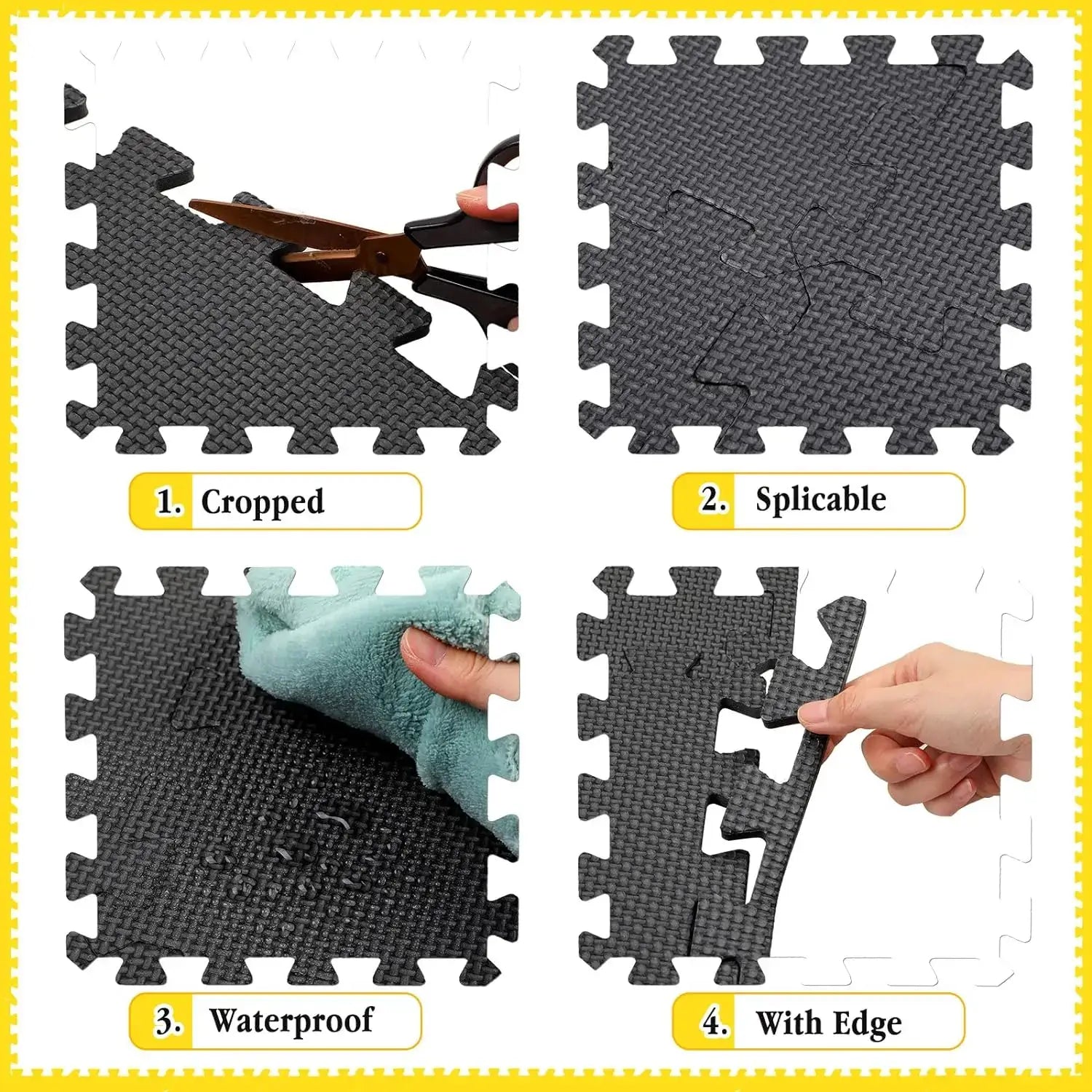 Features of eva interlocking exercise mat: cropped, splicable, waterproof, and with edge options.