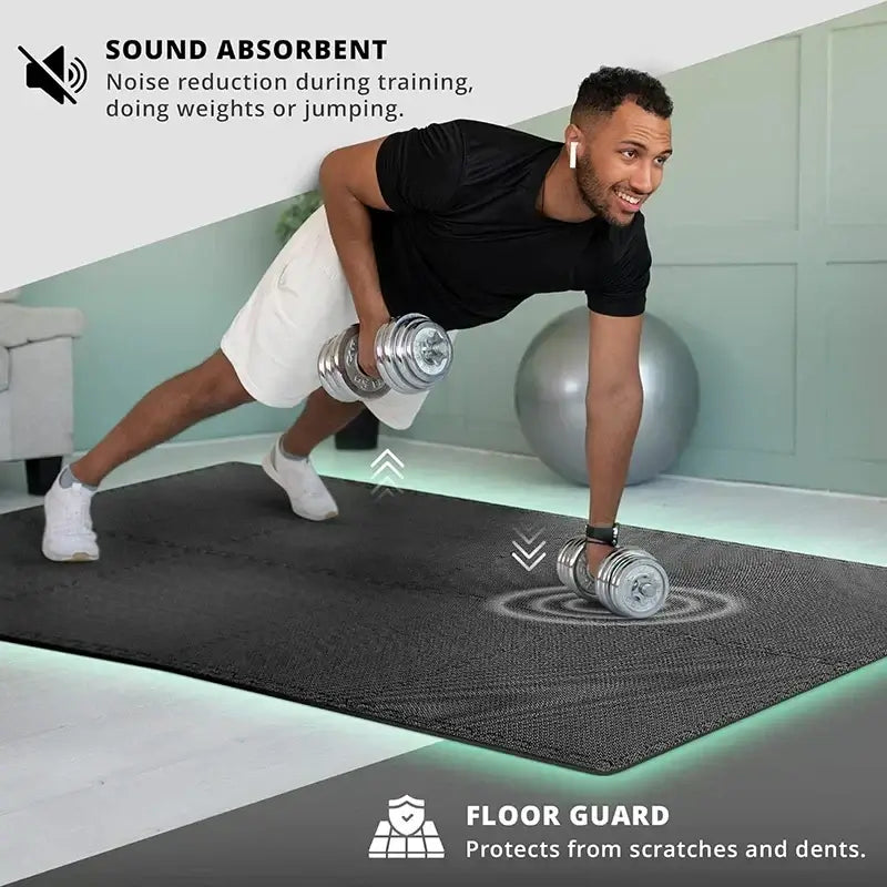 Man exercising on eva interlocking exercise mat, demonstrating sound absorbent and floor guard features.