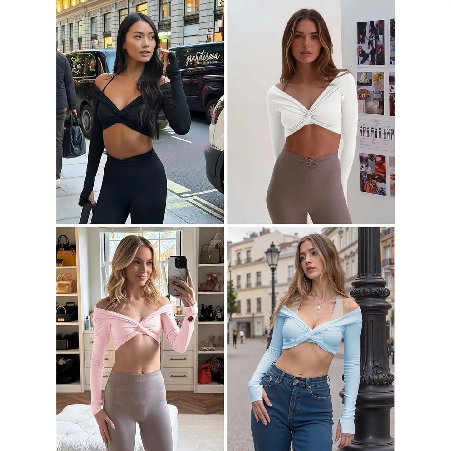 Yousify Womens Long Sleeve Workout Crop Tops Twist Deep V Neck Y2K Yoga Pilates Ballet T Shirt Top with Thumb Holes Active Tops Athletic Wear