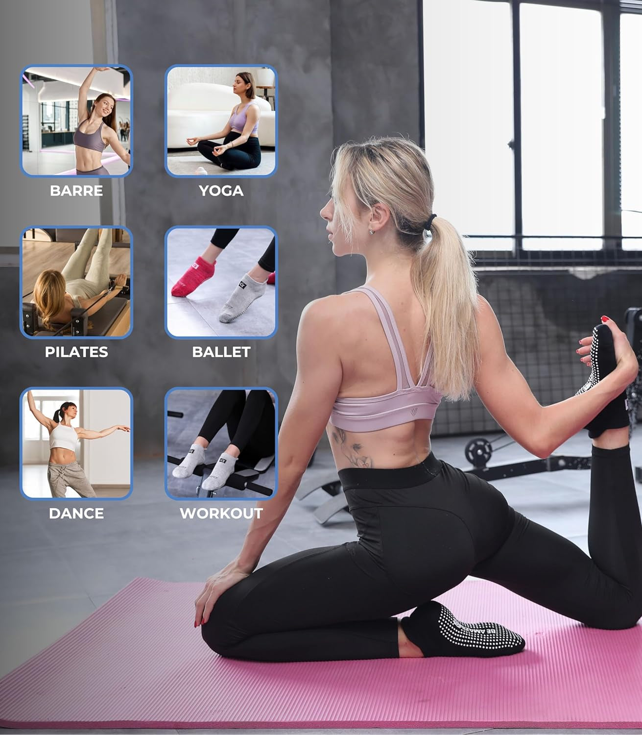 Non-slip yoga and pilates socks with grips for women and men, ideal for maternity, yoga, barre, and hospital use.