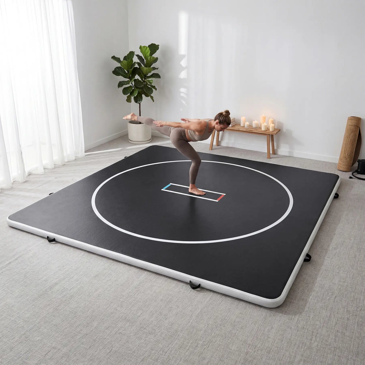 Inflatable wrestling mat in 10FT or 13FT size, PVC surface, 4-inch thick with wrestling circles, suitable for martial arts and home use.