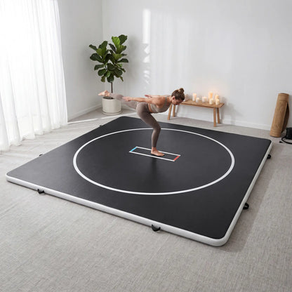 Inflatable wrestling mat in 10FT or 13FT size, PVC surface, 4-inch thick with wrestling circles, suitable for martial arts and home use.