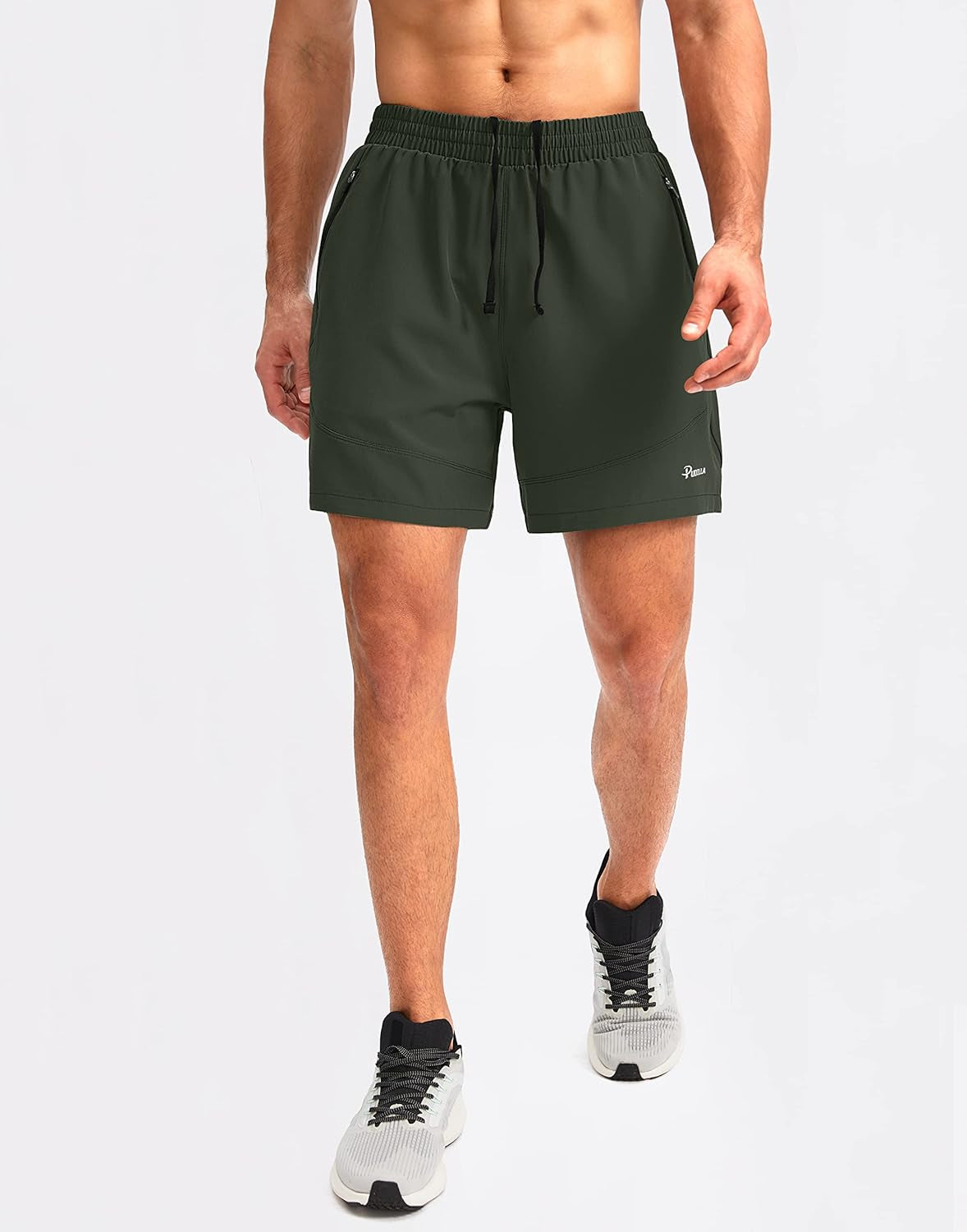 Pudolla men's lightweight workout running shorts with zipper pockets in 5, 7, or 9-inch lengths, designed for gym and athletic wear.