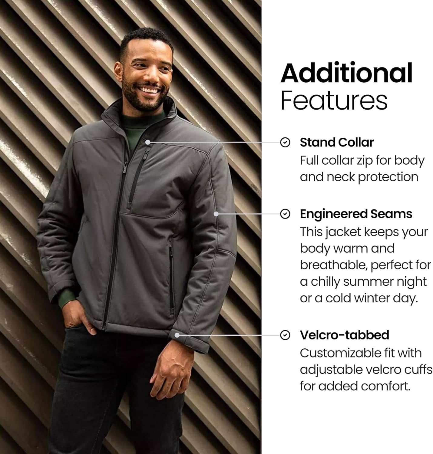 Weatherproof men's softshell jacket, wind and water resistant outdoor coat, lightweight and breathable for outdoor activities.