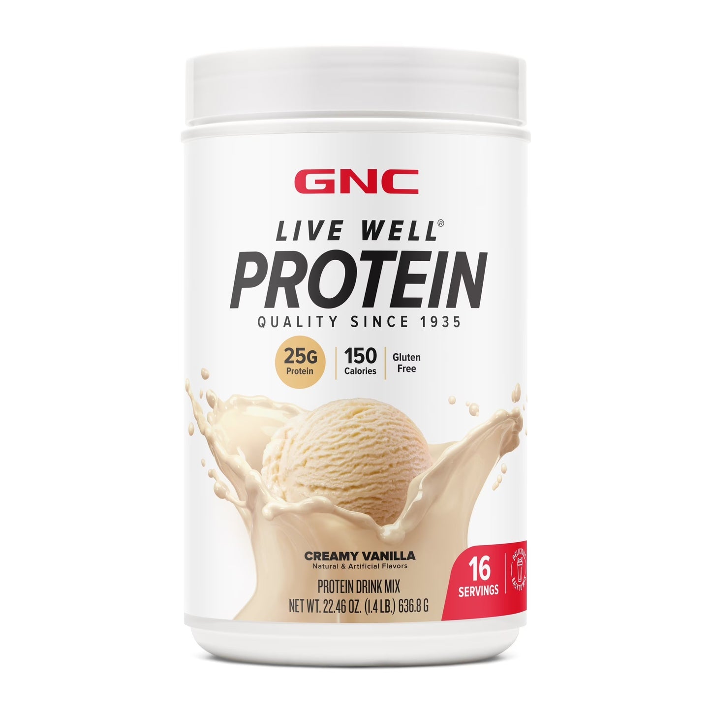 Live Well Protein Powder, 25G Whey Protein, Creamy Vanilla, Gluten Free, No Sugar Added, 16 Servings