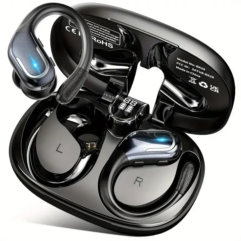 Wireless sports earbuds with bass in charging case, featuring a sleek design and LED display.