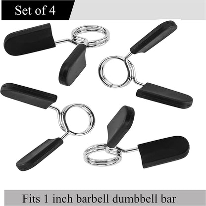 EastyGold 1-inch barbell clamps and spring clips securing weight plates on standard barbell for strength training gym workouts