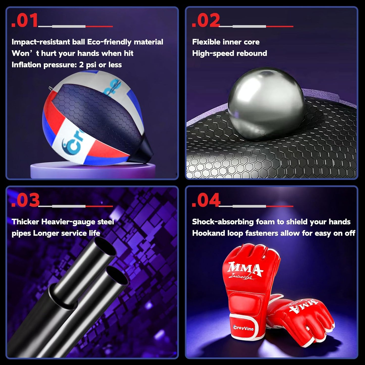 Freestanding reflex punching bag with impact-resistant ball and adjustable height for fitness training.