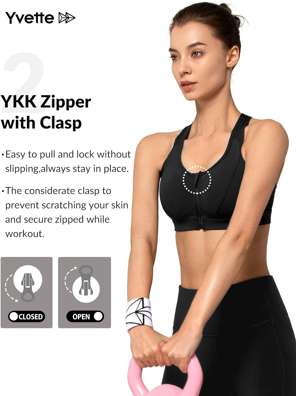 Yvette high impact zip front sports bra for women, plus size workout and running fitness bra, in black with supportive design