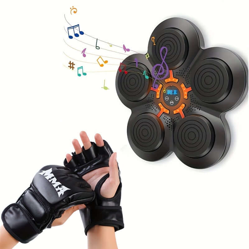 Boxing Training Kit with Reactive LED Wall Punching Target featuring a user in black gloves and colorful sound notes.