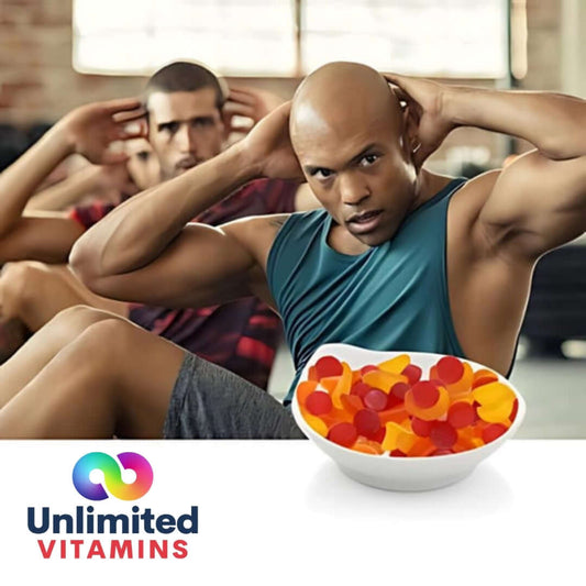 Men's Multivitamins in bowl with active men exercising, daily multivitamins for men for a balanced lifestyle.