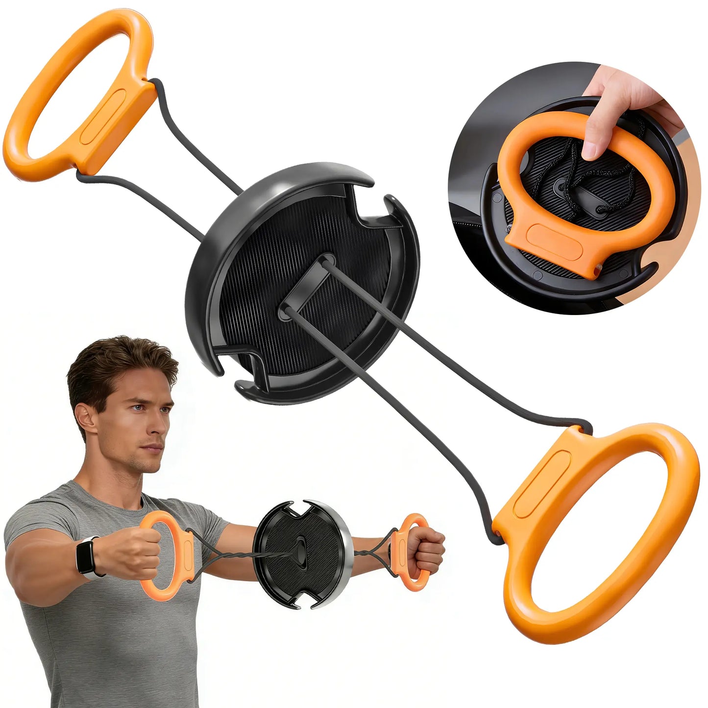 Fitness Essentials flywheel resistance bands with handles for portable home workouts targeting arms, back, and shoulders.