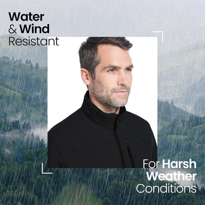 Weatherproof men's softshell jacket, wind and water resistant outdoor coat, lightweight and breathable for outdoor activities.