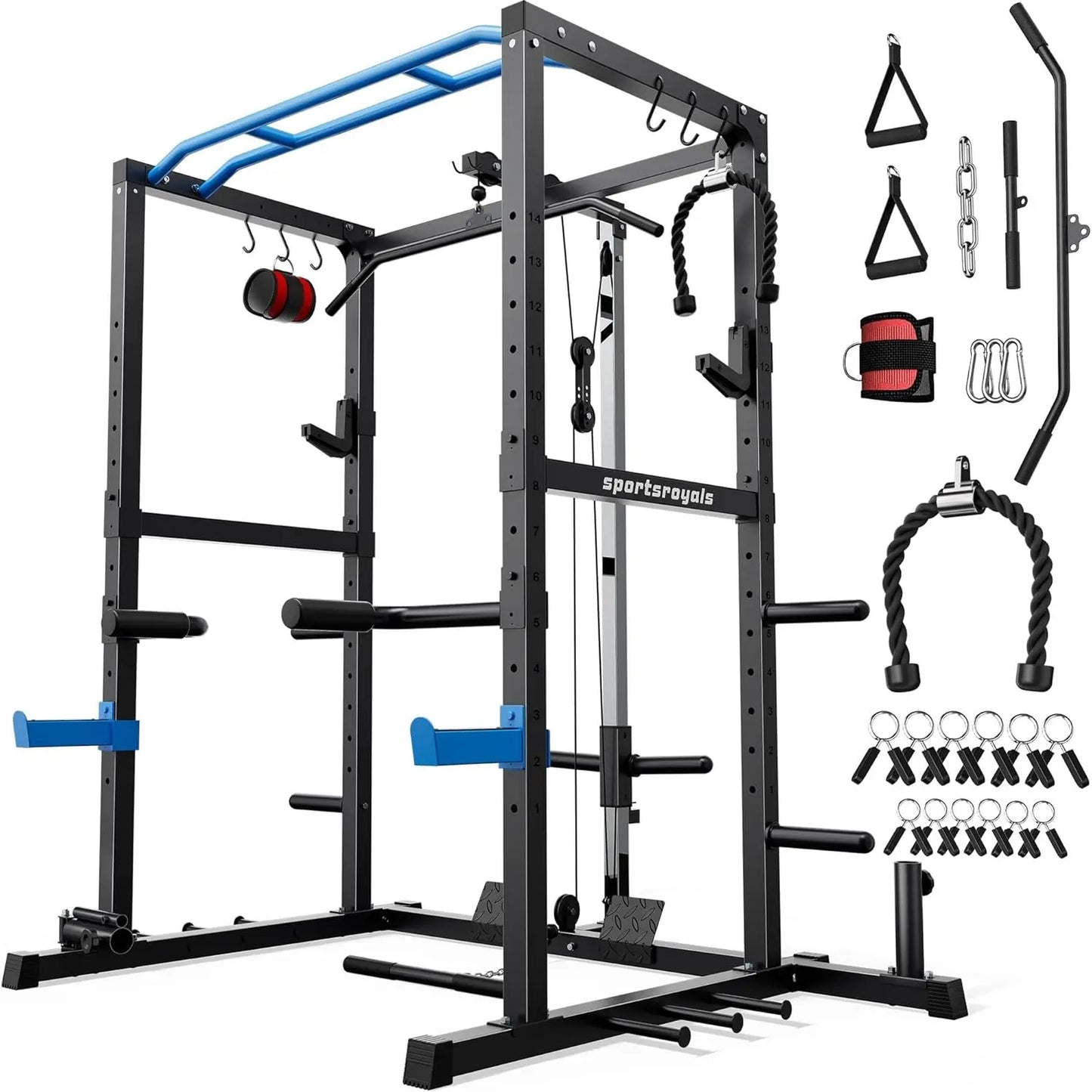 Fitness Essentials power rack with pulley system, squat rack, LAT pull-down, J-hooks, and versatile workout cage in red or blue.