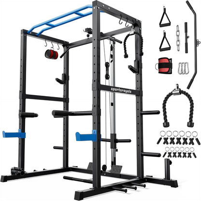 Fitness Essentials power rack with pulley system, squat rack, LAT pull-down, J-hooks, and versatile workout cage in red or blue.
