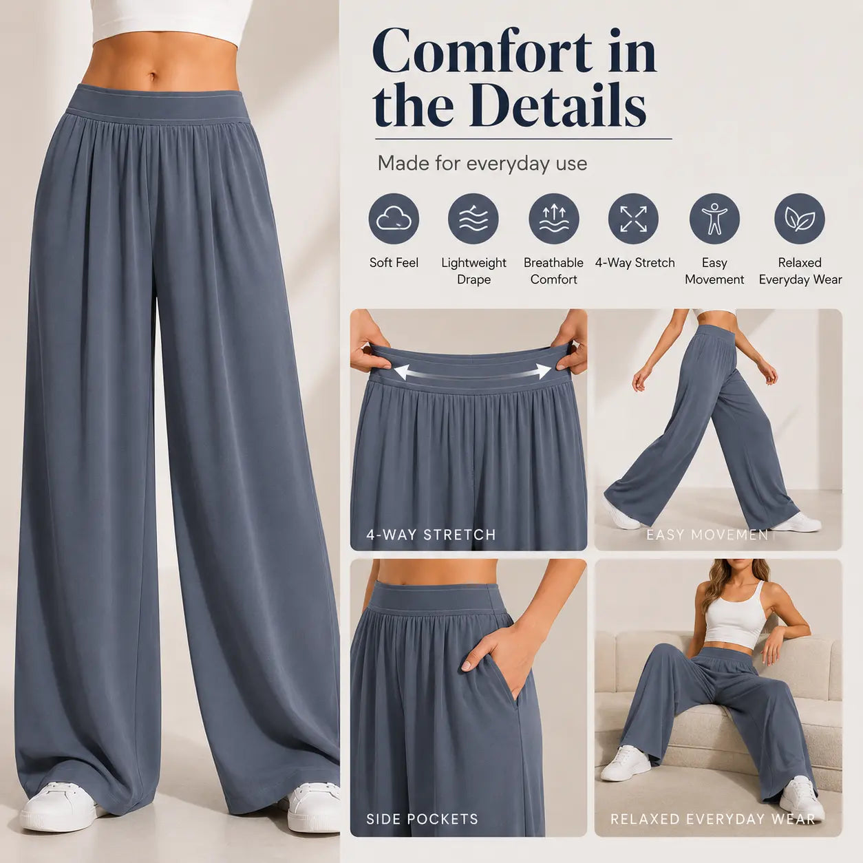 Women’S High Waisted Wide Leg Lounge Pants with Pockets – Lightweight Stretch Casual Yoga Workout Travel Pants