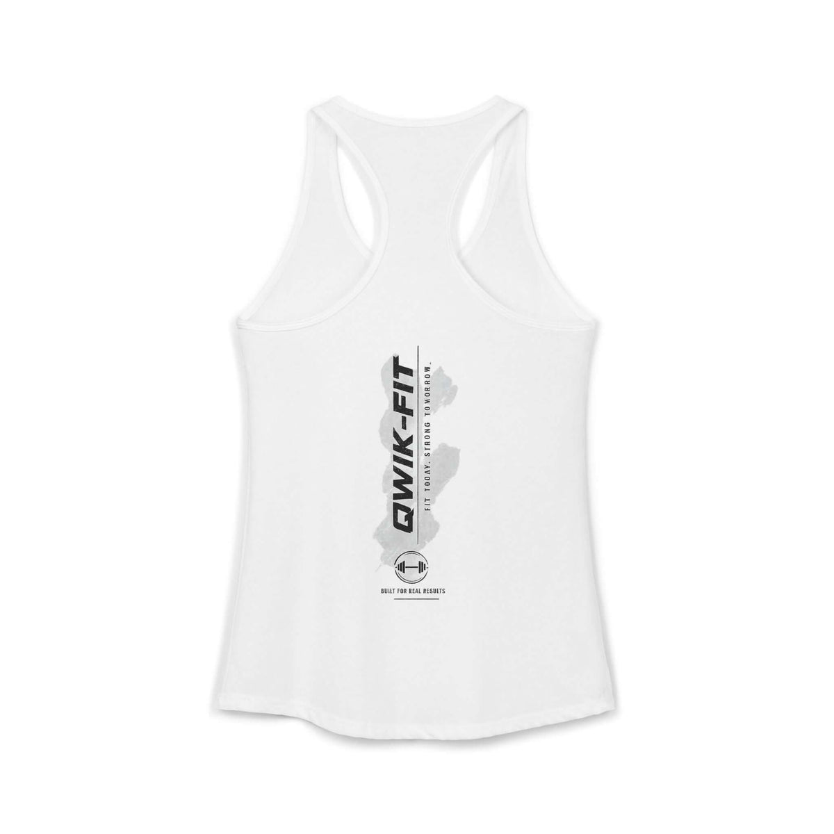 Women's white workout tank featuring a racerback style and motivational graphic on the back.