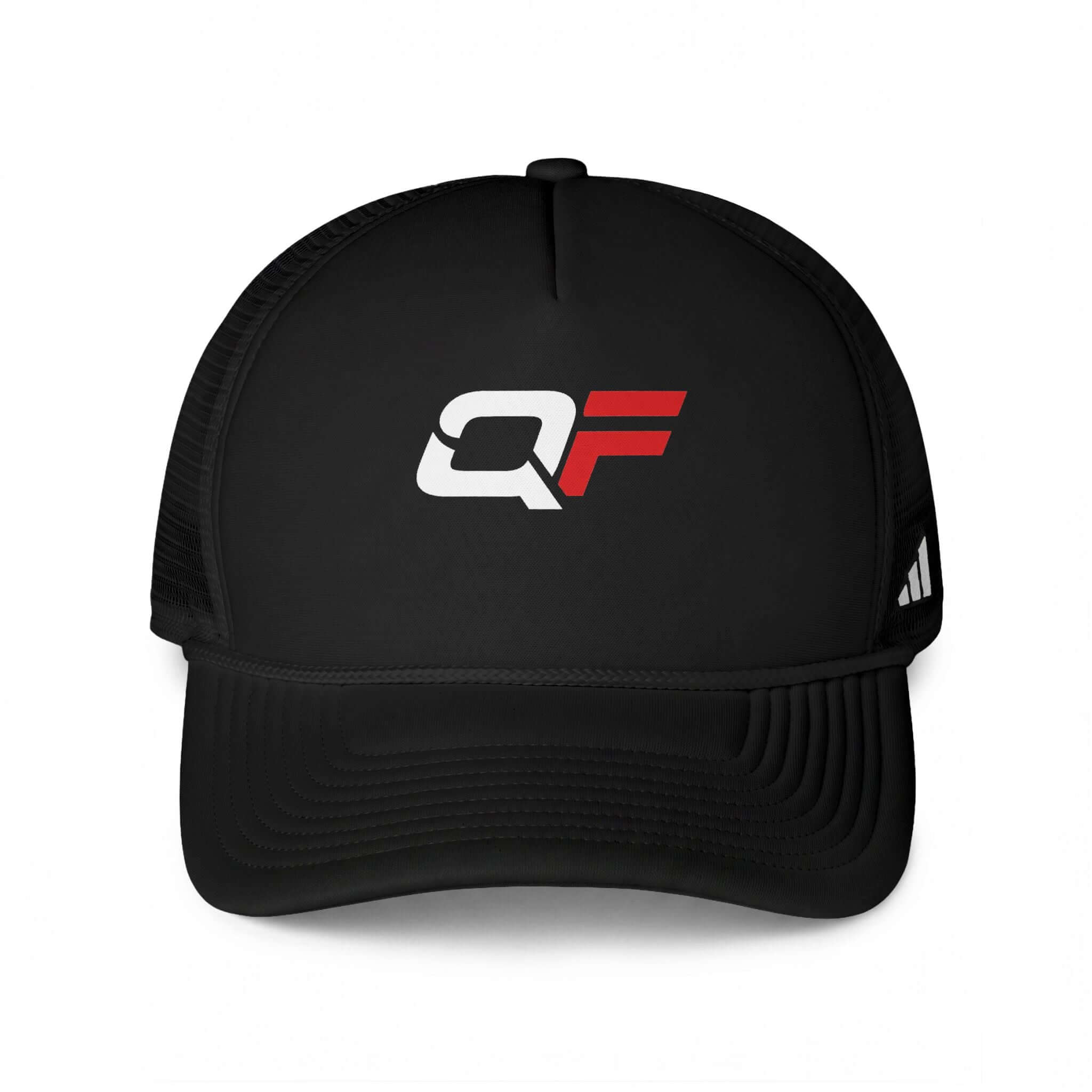 Black Mesh Qwik-Fit Trucker Cap showcasing breathable design, perfect for outdoor activities and casual athletic wear.