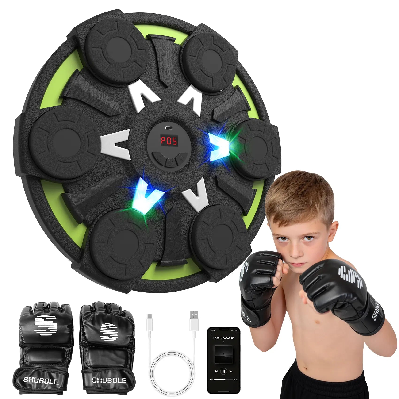 Fitness Essentials music boxing machine for kids and adults, wall-mounted punching pad with lighting and Bluetooth, includes boxing gloves.