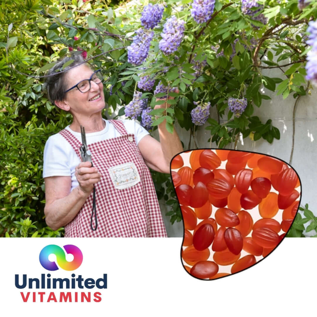 Person enjoying gardening while holding a pair of scissors next to a display of multivitamin with iron supplement gummies.