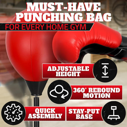 Adjustable youth punching bag with stand features adjustable height, quick assembly, and 360° rebound motion for home gyms.