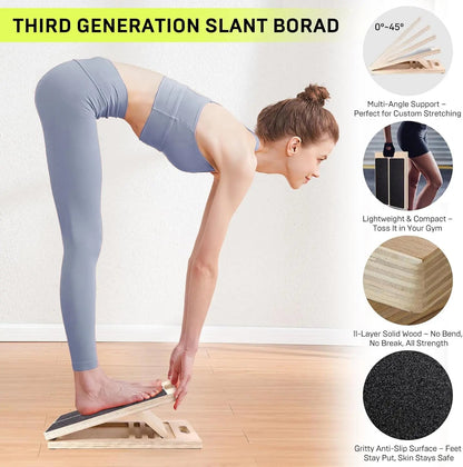 Adjustable wooden slant board for calf stretching and leg exercises, with Fitness Essentials branding and sturdy incline design.