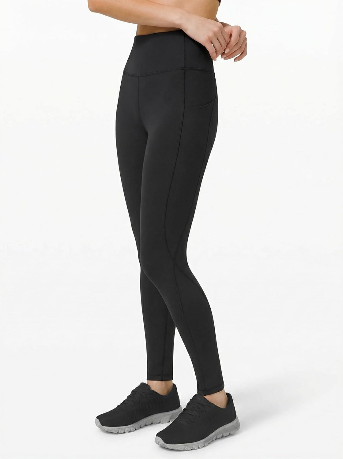 Black high waist PHISOCKAT yoga pants for women with pockets, tummy control, and stretchy leggings for workout and casual wear.