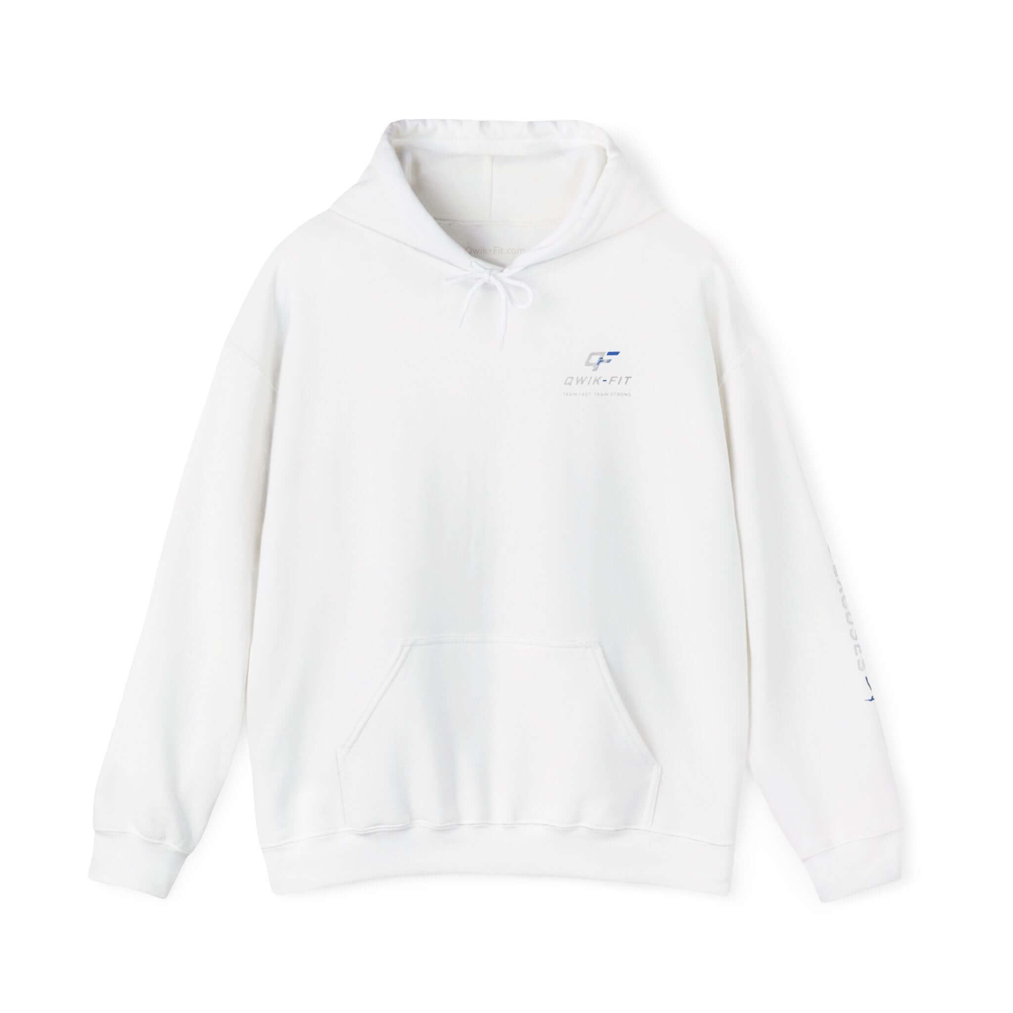 Qwik-Fit fitness hoodie in white, featuring a barbell logo and comfortable design for training and casual wear.
