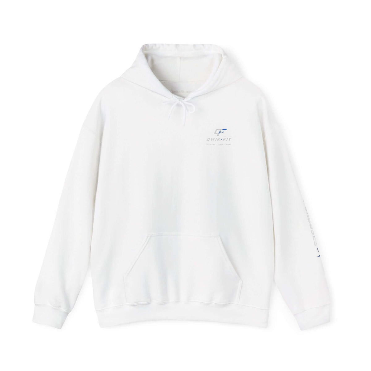 Qwik-Fit fitness hoodie in white, featuring a barbell logo and comfortable design for training and casual wear.