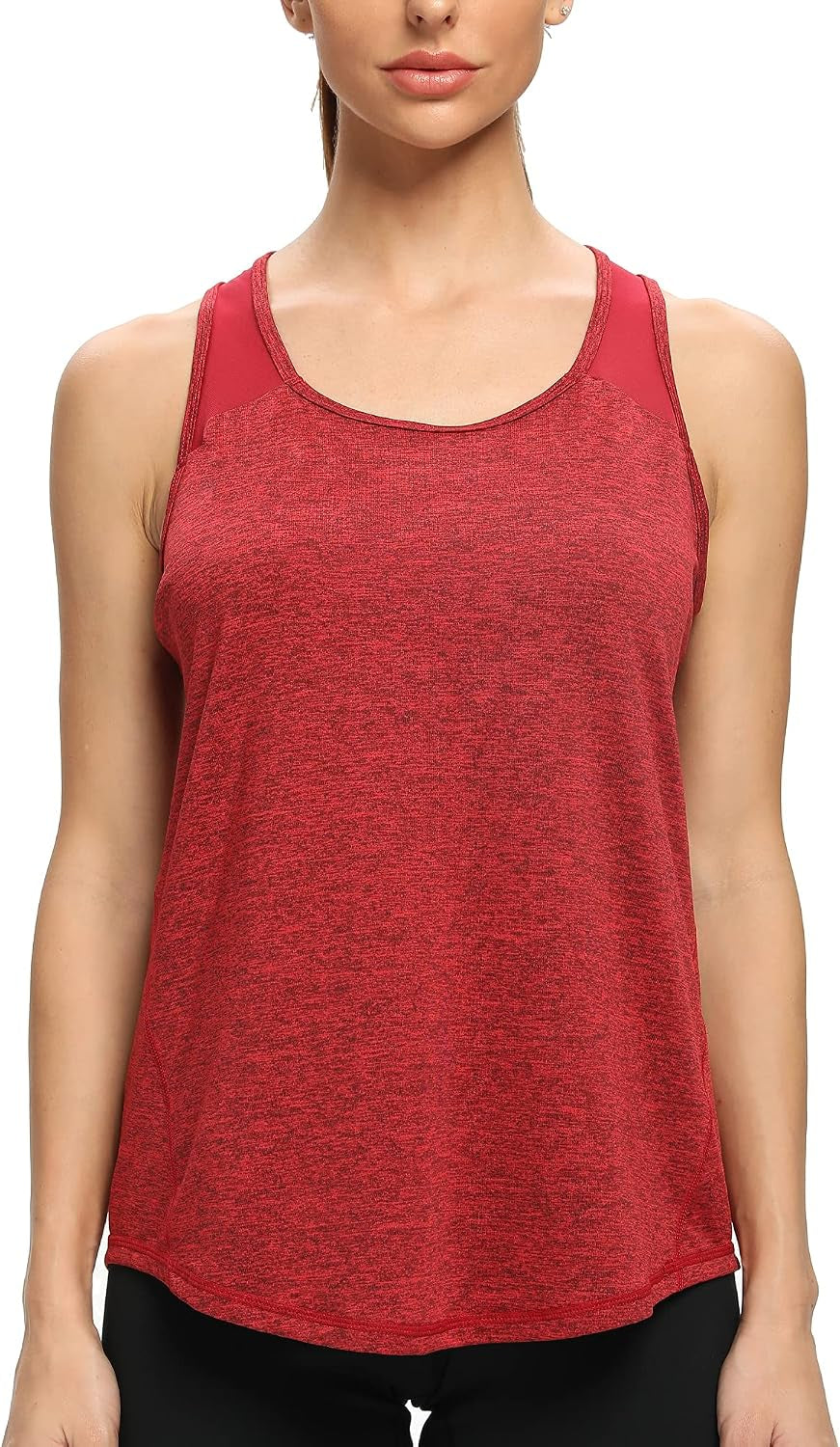 Black and red mesh racerback workout tank top for women by CNJUYEE, sleeveless athletic shirt ideal for yoga, running, and gym workouts.