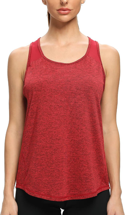 Black and red mesh racerback workout tank top for women by CNJUYEE, sleeveless athletic shirt ideal for yoga, running, and gym workouts.