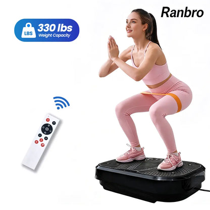 Fitness Essentials Ranbro vibration plate exercise machine with resistance bands and remote, showing the portable whole-body workout platform.