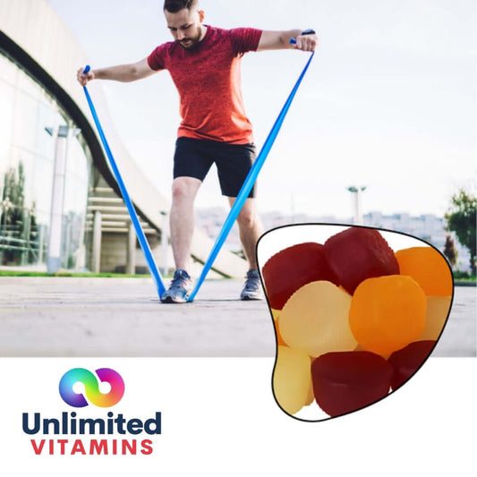 Man using resistance bands with sugar-free multivitamin mix flavors gummies in the foreground.