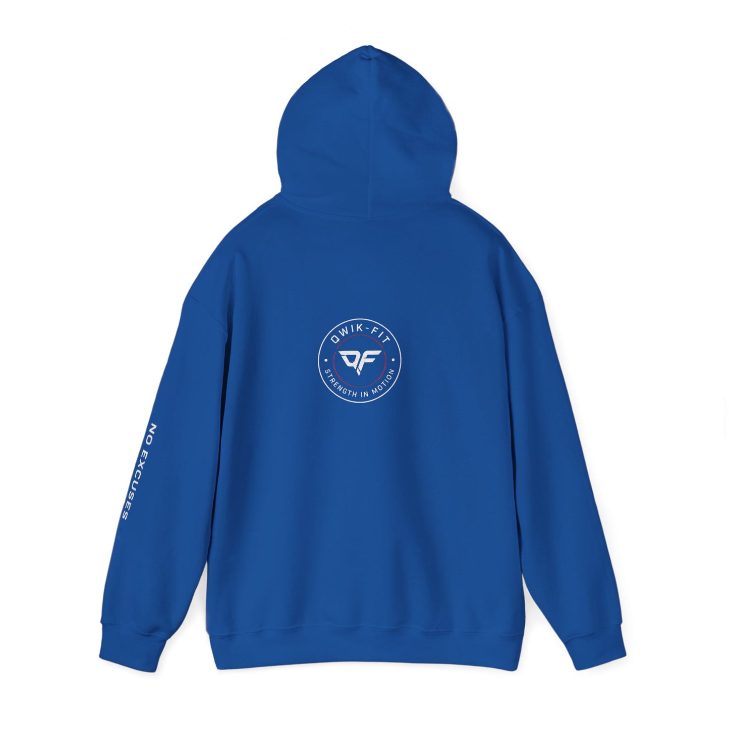 Printify Qwik-Fit Built Different hoodie featuring logo design and 'No Excuses' sleeve detail, casual gym pullover for active wear.