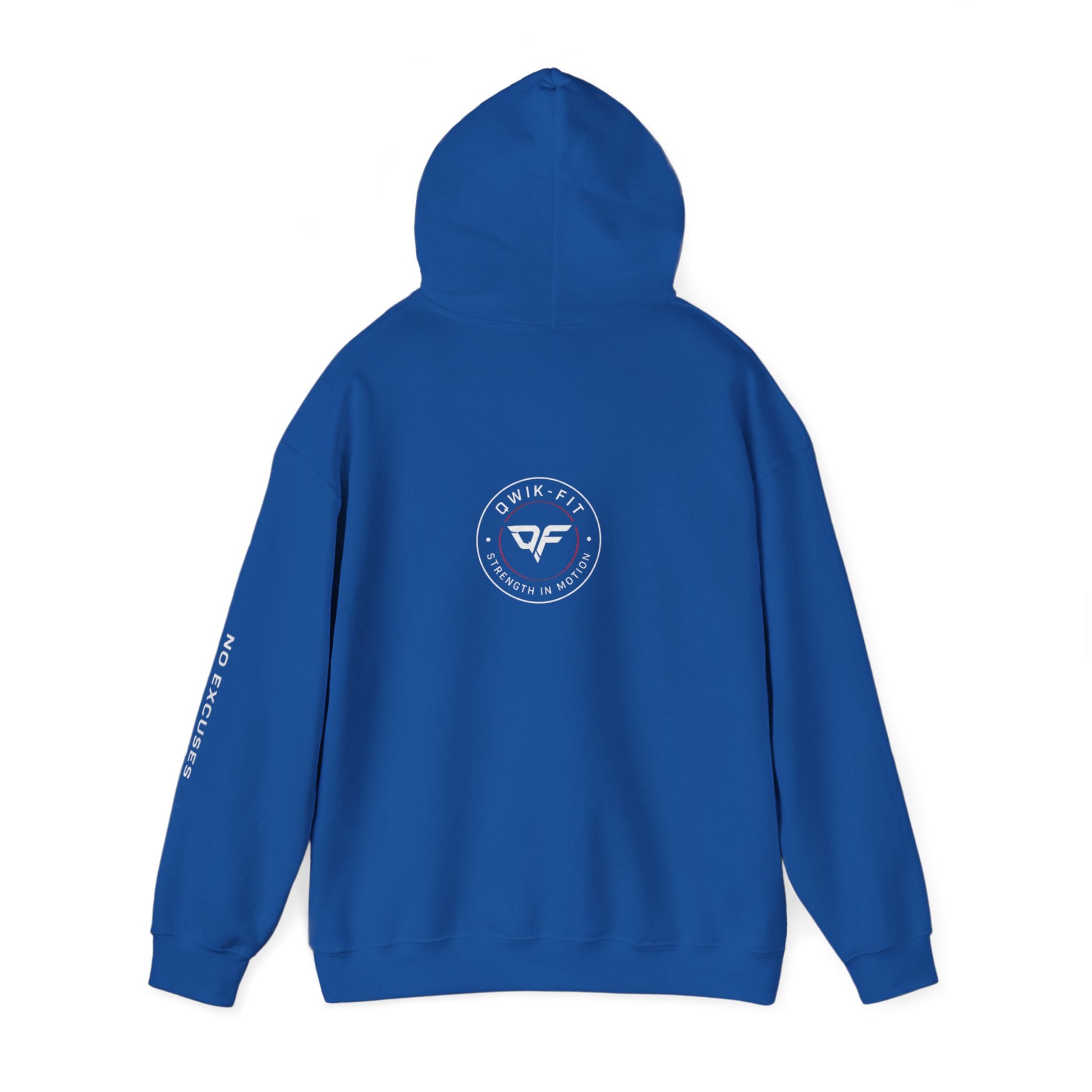 Printify Qwik-Fit Built Different hoodie featuring logo design and 'No Excuses' sleeve detail, casual gym pullover for active wear.