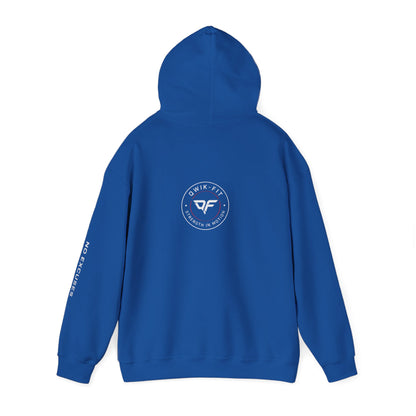 Printify Qwik-Fit Built Different hoodie featuring logo design and 'No Excuses' sleeve detail, casual gym pullover for active wear.
